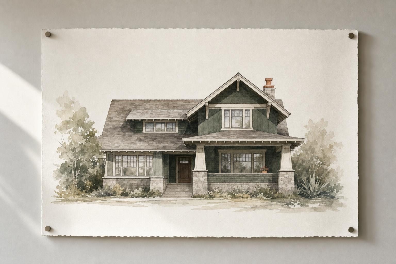 A watercolour architectural elevation rendering pinned to a studio wall